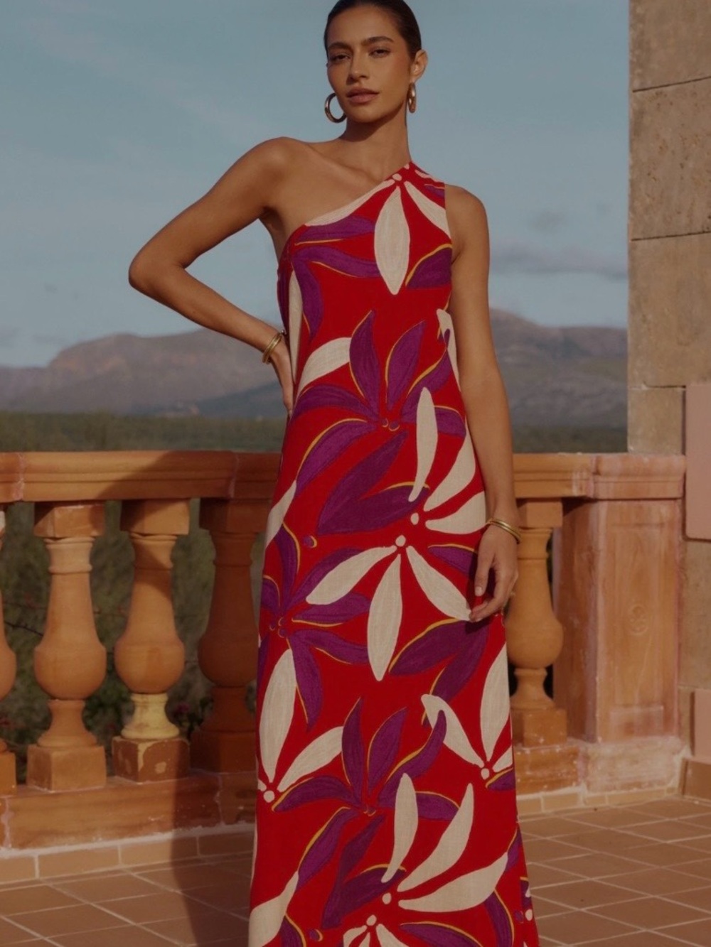 One-Shoulder Red Floral Maxi Dress